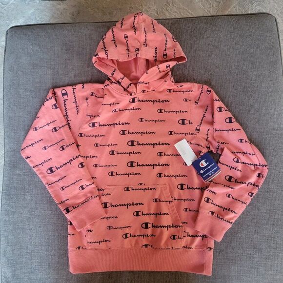 Champion Girl's Citrus Pink AOP Script Athleticwear Hoodie Sweatshirt Size Large - Picture 7 of 11